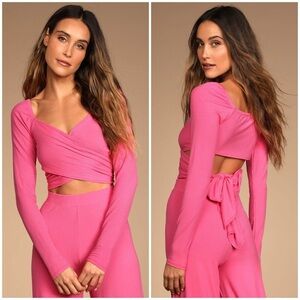LULU’S Keep It Chill Bright Pink Ribbed Long Sleeve Wrap Crop Top